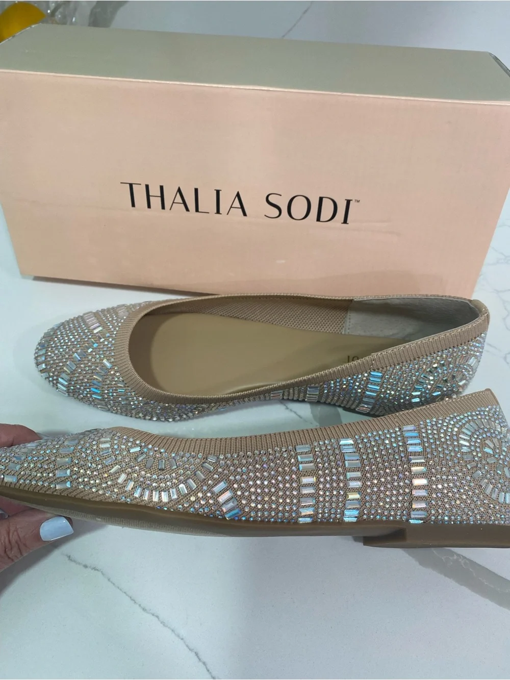 Thalia Sodi Champagne-Beige Crystal Embellished Flats